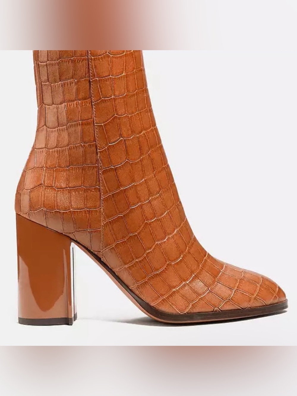 Croc-Embossed Tan Leather Block Heel Ankle Boot